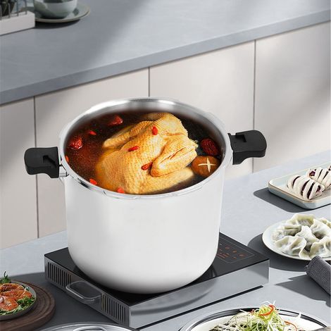 Schnellkochtopf mit großem Fassungsvermögen aus dicker, polierter Aluminiumlegierung mit einzigartigem Boden und Manometer, geeignet für Gasherde, gewerblicher Antihaft-Schnellkochtopf, 23 l. (1/5)
