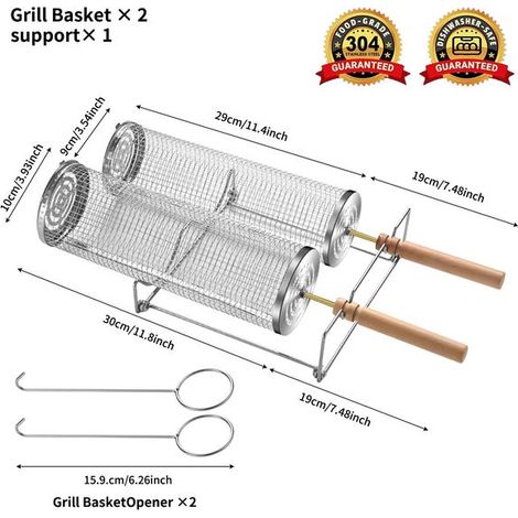 Panier à griller à roulettes - Le meilleur panier à griller jamais conçu, grille ronde en acier inoxydable - Cage à griller 30+29 avec poignée en bois allongée et grand support (1/2)