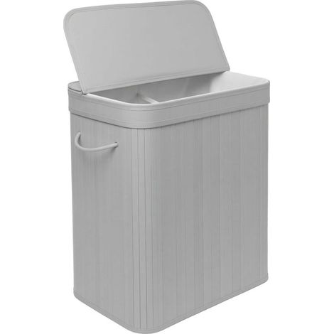 Relaxdays panier à linge bambou 100 l avec couvercle, 2 compartiments, 63×52×32 cm, salle de bains, gris (1/5)