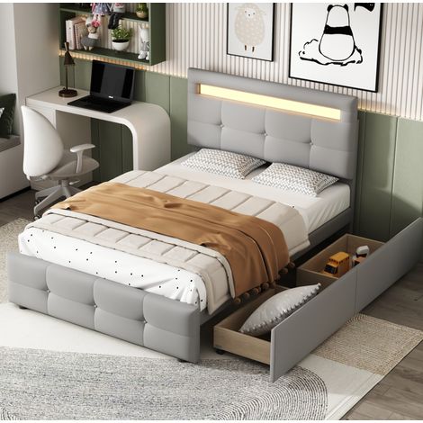 Cama 90x200 cm gris tapizada con LED, 2 cajones y somier de lamas (1/5)