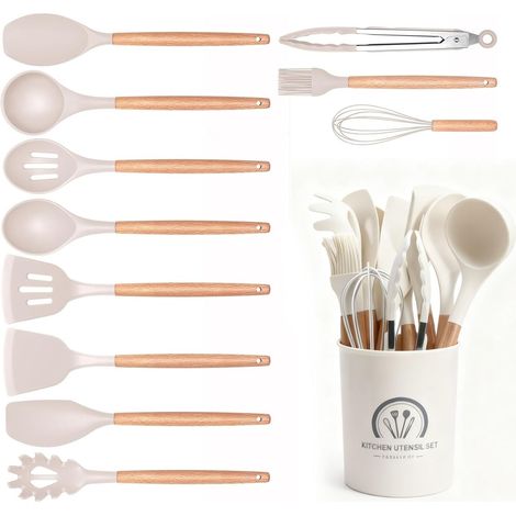 Pièces Ustensiles Cuisine avec Pot Rangement, Spatules Bois Antiadhésive Silicone, Outils Cuisson Poignées Résistant, Accessoires Service Chaleur pour Poêles et Casseroles (1/5)