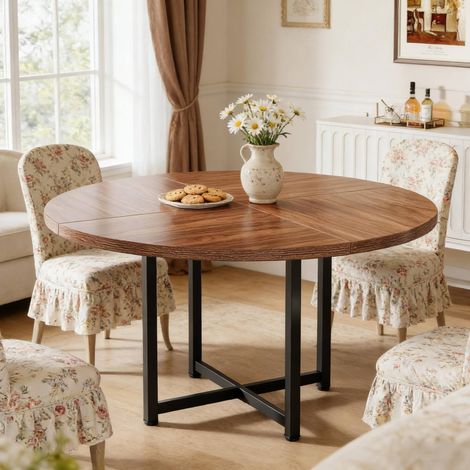 Table à manger ronde bois et métal noir et marron, diamètre 120 cm, pour 4 à 6 personnes (1/5)
