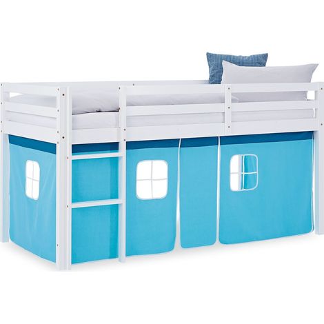Letto soppalco con rete a doghe 90x200cm con scaletta in legno laccato bianco e telo blu incluso senza materasso LIT06248