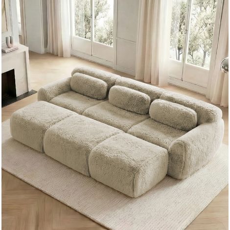 Divano modulare 3 posti con 3 pouf, tessuto effetto peluche, kaki chiaro DESVIAE (1/5)