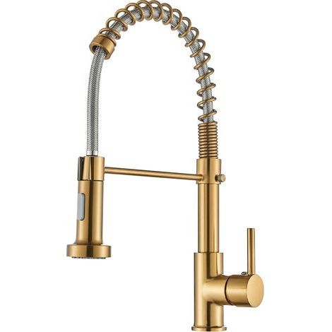 Kitchen mixer tap with pull-out spout, 360° swivel kitchen mixer tap, single lever, stainless steel, brushed gold (1/5)