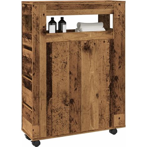 Badschrank Schmal mit Rollen Altholz-Optik Holzwerkstoff