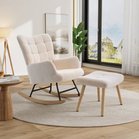 Fauteuil à Bascule avec Repose-Pieds – tissu teddy – Dossier haut – Assise moelleuse,Beige (1/5)