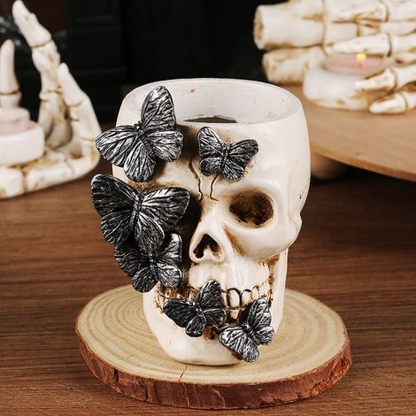 Portapenne a forma di teschio con farfalla gotica, decorazione multifunzionale in resina per Halloween (1/5)