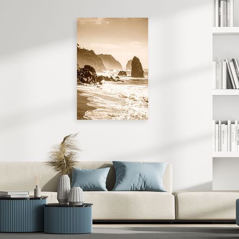 Wandbild Sepiafarbene Meereslandschaft im Vintage Stil mit Klippen und Felsen 60x90 (1/4)