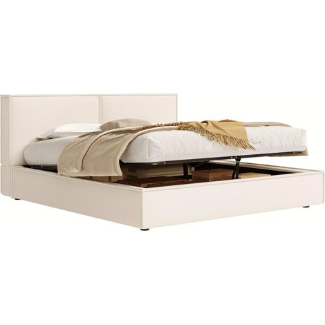 Polsterbett 180 x 200 cm mit Bettkasten, Lattenrost und gepolstertem Kopfteil, Beige HAVRYA (1/5)