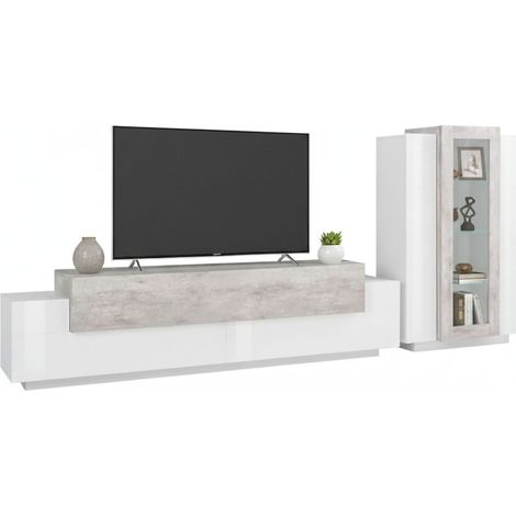Dmora Modulare Wohnwand, Made in Italy, mit weißem LED-Licht, TV-Ständer und Vitrine, Modernes Wohnzimmer-Set, 290x45h121 cm, Weiß glänzend und Zementfarbe