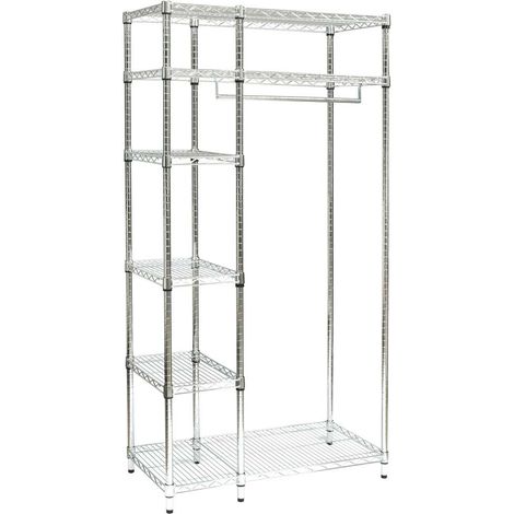 Portant à vêtements en acier chromé – Dimensions 46 x 91 x 180 cm – 5 casiers et clips de fixation – Pour cuisine, salle de bains, garage – Archimede