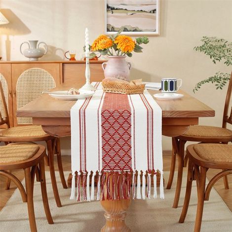Camino de mesa bohemio de algodón y lino con borlas，35x305cm，mantel tejido grueso a cuadros con forma de diamante，decoración de bodas (1/5)