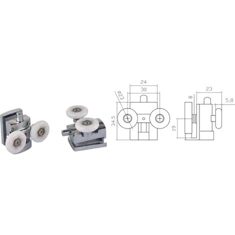 Coppia Cuscinetti Doppia Ruota Attacco Superiore Metallo Cromato Box Doccia – Ø23 mm – Vetro 8 mm – Foro 9 mm