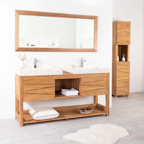 Wanda Collection – Meuble double vasque en teck massif 160cm – 2 vasques crème – Rangement optimisé avec 2 portes et niche – Conception traditionnelle (1/5)