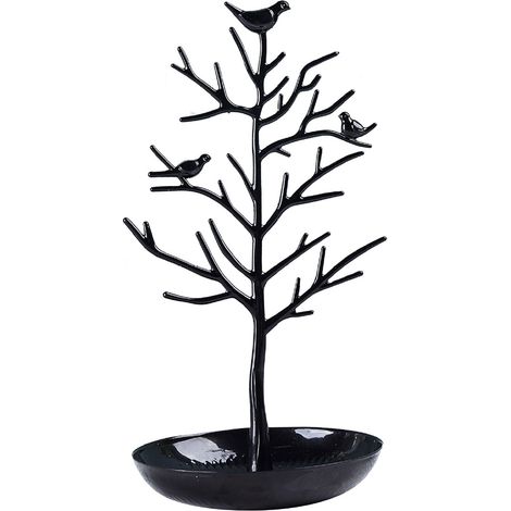 Arbre à bijoux, porte-colliers et boucles d'oreilles moderne et mignon en forme d'oiseau, pour femmes, filles et adolescentes, noir (1/4)