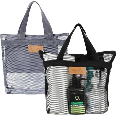 Douche Portable en Maille à séchage Rapide,Panier de douche en maille,Caddie de Douche en Maille,Convient pour les dortoirs, la gym, la natation, la plage Avec fermeture éclair et poche (noir et gris) (1/5)