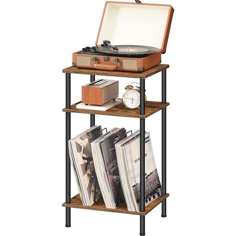 Support pour Tourne-Disque à 3 Niveaux, Table pour Vinyle avec séparateurs, Table d’Appoint Industrielle, pour CD, Album, Platine, Marron Rustique et Noir (1/5)