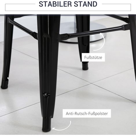 Lot de 4 tabourets de bar en métal noir, empilables, intérieur et extérieur