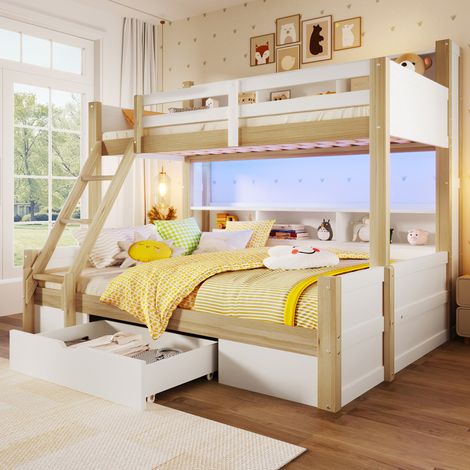 Letto a castello in pino bianco e naturale 90x200 + 140x200 cm con scala e cassetto (1/5)