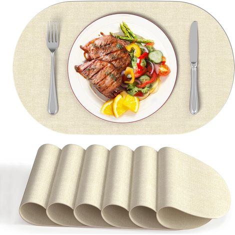 Lot de 6 sets de table ovales réversibles - Simili cuir moderne, facile à nettoyer et résistant à la chaleur, idéal pour la cuisine, la salle à manger, les mariages et les fêtes. (1/5)