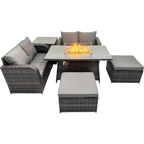 Fimous 6-seater Patio Gas Firpit Dining Table Sofa Sets Rattan Garden Furniture Dining Set with 2 Big Stools Side Tables Dark Grey Mixed (1/5)