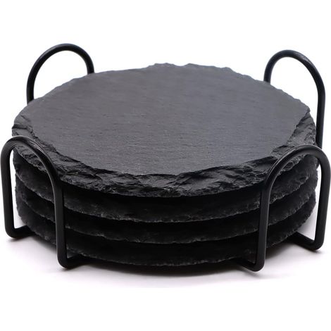Slate Coaster - 10 Cm Diamètre - En Pierre Naturelle Noire - Pour Intérieur Bureau Cuisine Bar - Lot De 4 Avec Support (1/5)