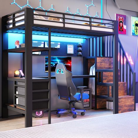 Lit mezzanine, lit simple 90x200 cm, métal, lit enfant avec étagère, tiroir, panneau perforé, table, prise électrique et LED, matelas non inclus, noir (1/5)