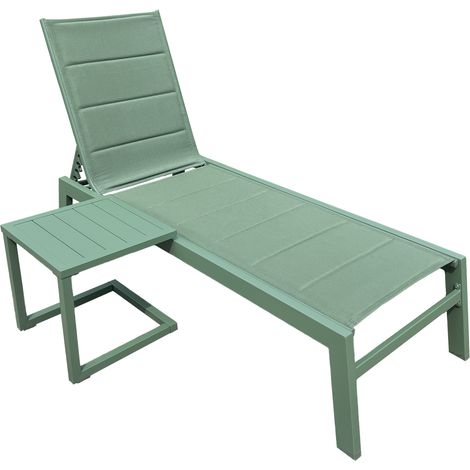Conjunto de tumbona y mesa auxiliar BARBADOS de textilene verde salvia - aluminio verde salvia (1/5)