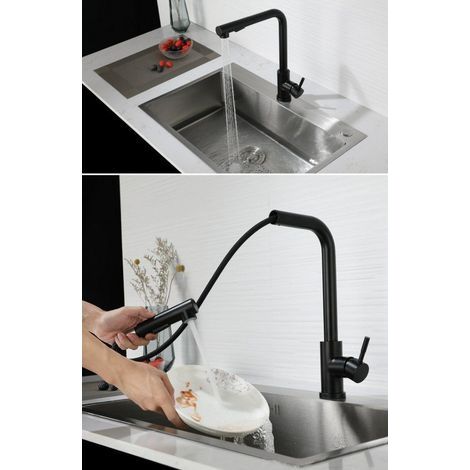 Küchenarmatur, ausziehbare Küchenarmatur, Hochdruck-Spültischarmatur mit zwei Strahlarten und ausziehbarer Brause, 360° drehbare Küchenarmatur mit 2 x 60 cm Türanschlussschläuchen (1/4)