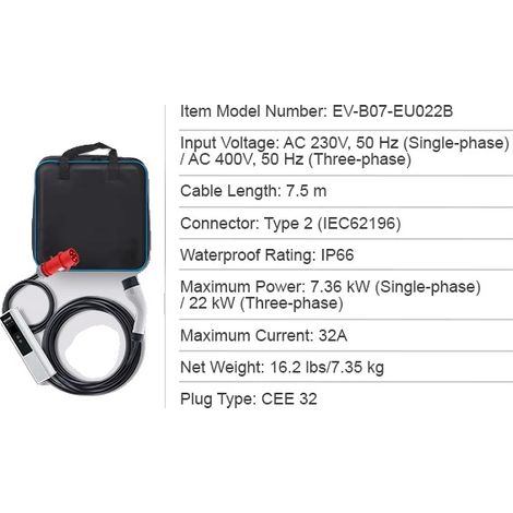 Chargeur EV Portable, Compatibilité Universelle, Fonctionnalités de Sécurité Améliorées, 32A MAX-22kW CEE32 (1/2)