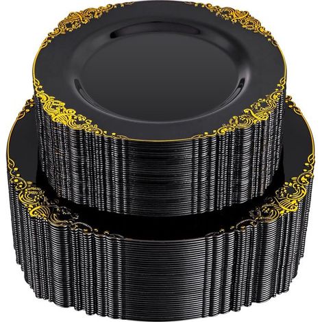 Juego de 20 platos de plástico bicolor en negro y dorado,Platos desechables negros,Platos desechables resistentes con borde dorado (1/5)