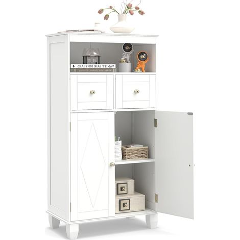 COSTWAY Mobile per Bagno, Armadietto Moderno Salvaspazio con Ante, Ripiani, Cassetti e Piedi in Legno di Pino Massiccio, Mobiletto per Soggiorno, Corridoio e Ingresso, 56 x 30 x 108 cm (Bianco) (1/4)