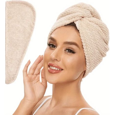 Serviette absorbante pour cheveux femme (kaki, 25 cm x 65 cm) avec châle à boutons. (1/5)