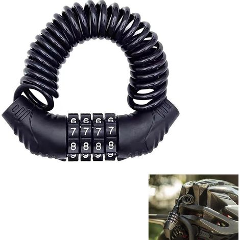 Dispositivo antirrobo para cascos de motocicleta y bicicleta, candado antirrobo retráctil para equipaje, cerradura de seguridad con combinación de 4 dígitos (negro). (1/5)