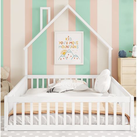Letto per bambini in legno di pino bianco 140x200 cm con rete a doghe e sponde di sicurezza (1/5)