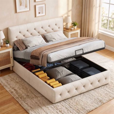 Letto contenitore 140x190 - Velluto bianco sporco - Testiera regolabile - Struttura letto con rete a doghe in legno - 2 posti (1/5)