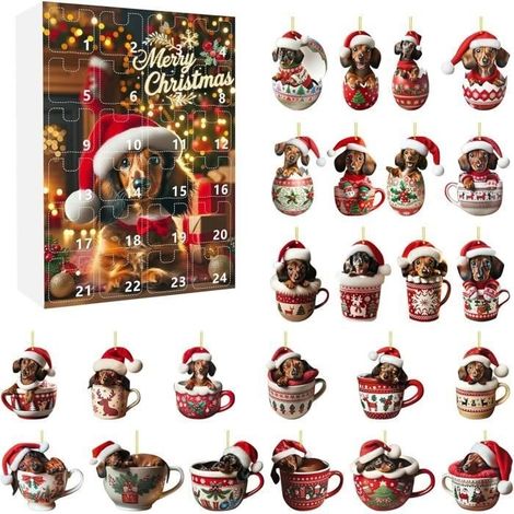 Calendrier de l'avent 2024 pour chien teckel, 24 pièces en acrylique 2D avec chapeaux de Père Noël, décorations pour la maison (1/4)