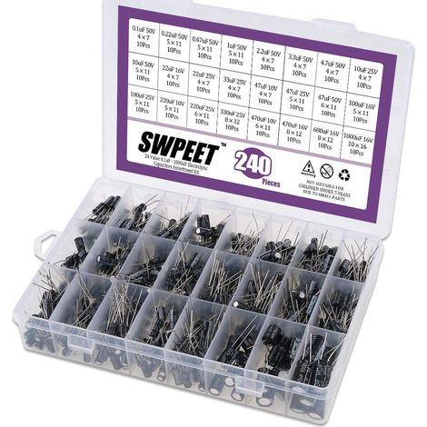 Lot de 240 condensateurs électrolytiques de 24 types différents, gamme 0,1 uF-1000 uF, assortiment de condensateurs électrolytique (1/5)