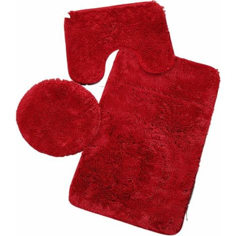 Juego de 3 alfombrillas de baño de color puro, antideslizantes, absorbentes, suaves y con tapa de inodoro, lavables, color rojo. DEBUNS (1/5)