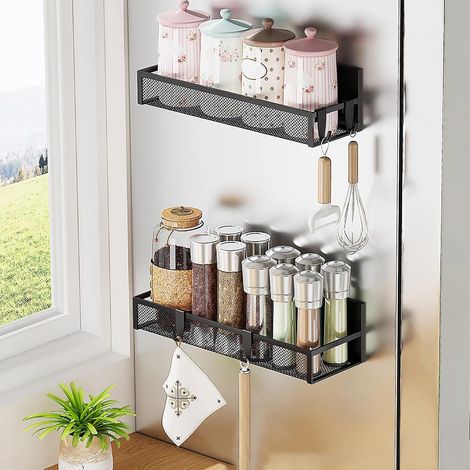 Magnétiques à Épices pour Réfrigérateur, Lot de 2 Étagère Magnétique, Porte Epices Cuisine, Étagère à Épices Magnétique avec 10 Crochets en Plastique, Range Epice, pour L'organisation de la Cuisine (1/5)