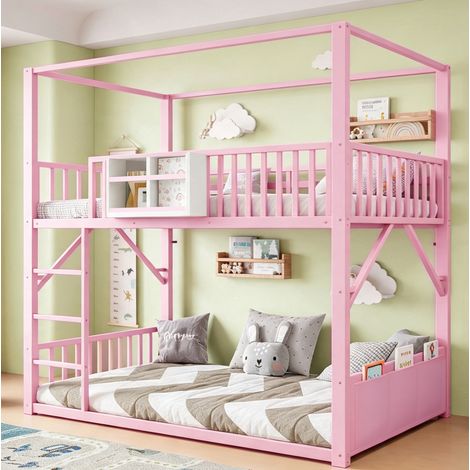 Letto a castello bambini 90x200 cm metallo rosa con vani, senza materasso - MEUBLIV (1/5)