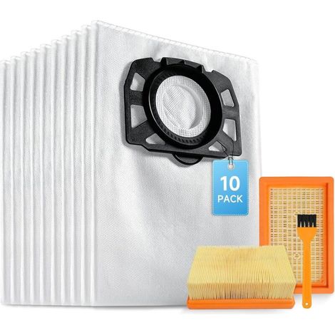 10 sacchetti per aspirapolvere con 2 filtri KFI 4410 per aspirapolvere Karcher WD4 WD5 WD6 WD5P WD6P MV4 MV5 MV6. Accessorio di ricambio per aspirapolvere con filtro HEPA 2.863-006.0