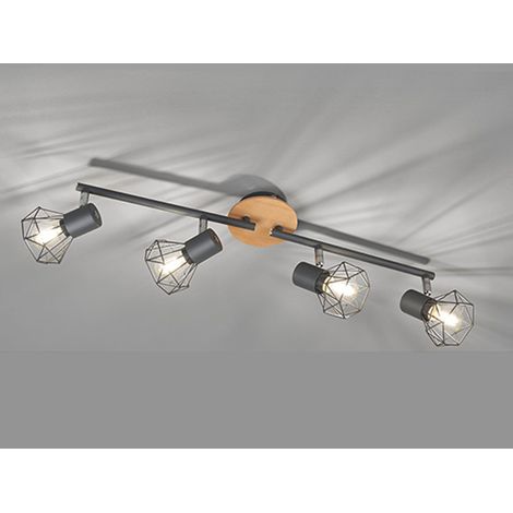Deckenstrahler RAN Grau / Holz 4-flammig, Gitterlampe schwenkbar, Breite 60cm (1/5)