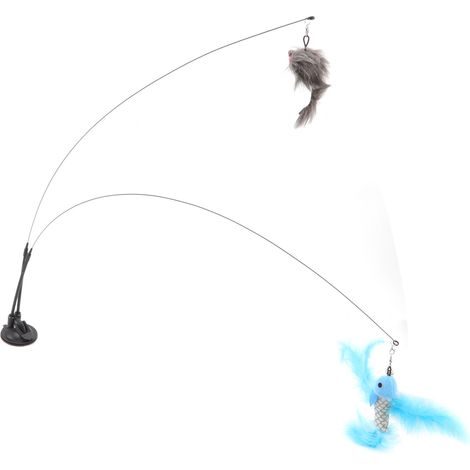 Baguette à ventouses en forme de plume pour chat, double extrémité amovible, fil d'acier, jouet interactif pour chat d'intérieur, poisson volant bleu et souris grise. (1/5)