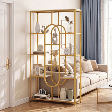 Bibliothèque géométrique 10 niveaux de 175 cm avec étagères en marbre effet - blanc et doré (1/5)