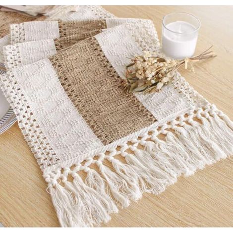 Chemin de table bohème pour décoration d'intérieur avec pompons, chemin de table rustique de 220 cm de long, chemin de table crème et marron (30 x 220 cm) (1/5)