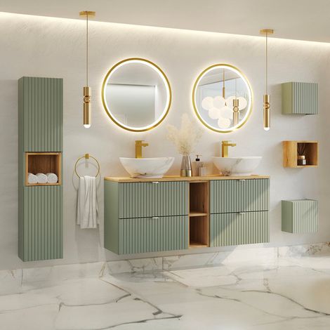 Conjunto mueble lavabo doble 140cm 4 cajones 2 compartimientos columna y 3 armarios de pared Jade Verde y Madera (1/4)