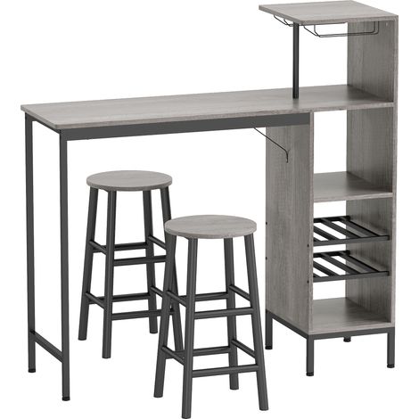 Ensemble table de bar avec tabourets, table repas debout, 2 chaises de bar, étagères, casiers à vin en bois naturel (1/5)