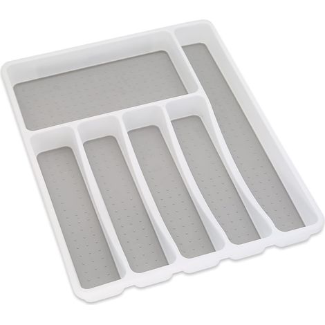 Besteckkasten mit 6 Fächern, Küchenschubladen-Organizer, 41 x 33 x 5 cm, rutschfeste Oberfläche, Weiß/Anthrazit (1/3)